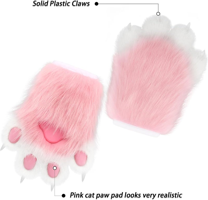 hbbhml Faux Fur Plush Furry Cat Claw Gloves Fursuit Animal Fox Paws Mittens Halloween Cosplay Costume Accessories for Adult - Image 5